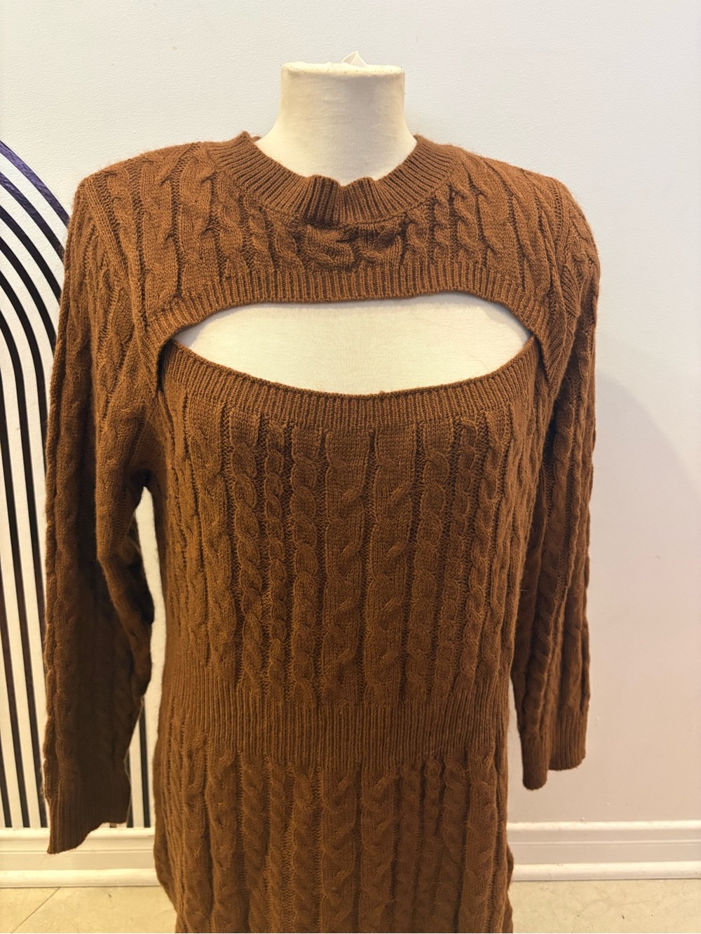 Women's Brown Cable Knit Cutout Sweater